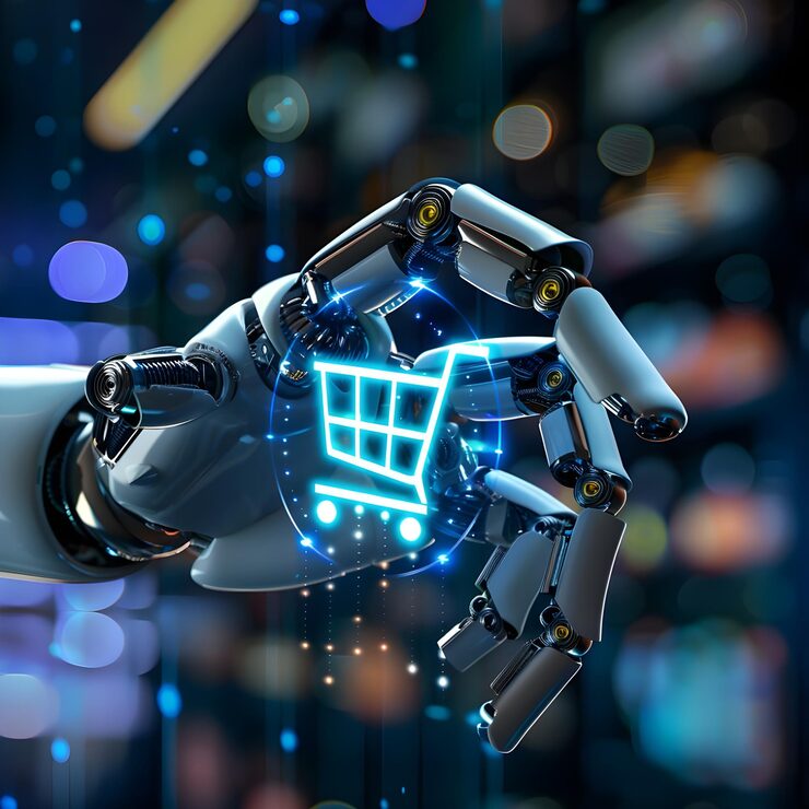 Mano robótica pulsando carrito de compras holográfico · Automatización de Ventas y CRM B2B · Compartamos Redes