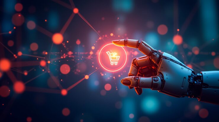 Mano robótica con carrito de compras digital · Automatización de Ventas y CRM B2B · Compartamos Redes